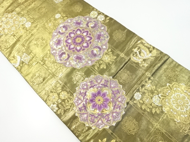 リサイクル　じゅらく製　帝王紫聖麗鳳舞格子文織り出し袋帯